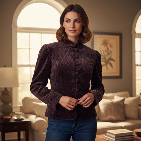 Velvet Burnout DarkAcademia Romance Victorian  12 Burgundy Mandarin Collar Goth - Picture 9 of 9